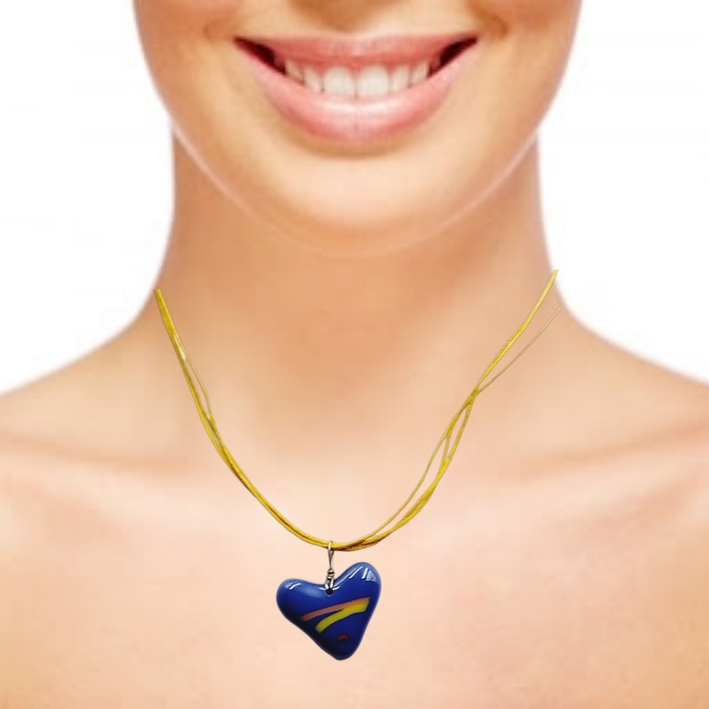 Blue Resin Heart Pendant Necklace w/ Orange Cord & Extension Chain